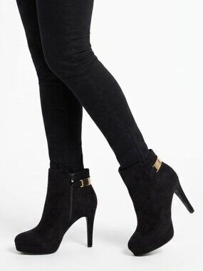 H&M Office Siren Faux Suede Platform Ankle Boots Gold Buckle Hardware Black 9.5